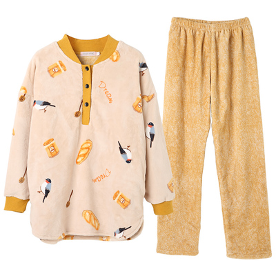 珊瑚绒睡衣女秋冬季套头加厚粉色