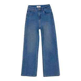 加绒保暖高腰阔腿牛仔裤女冬季新款蓝色宽松遮肉拼接加厚宽松长裤