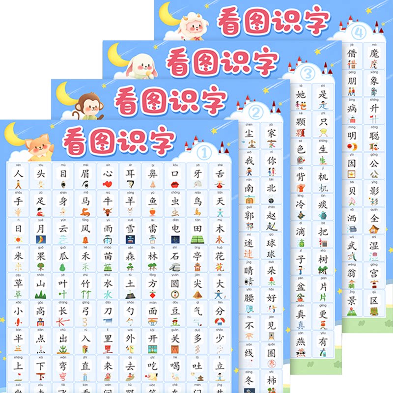 幼儿园看图识字启蒙墙贴 儿童认字学习贴 幼小衔接汉字装饰画