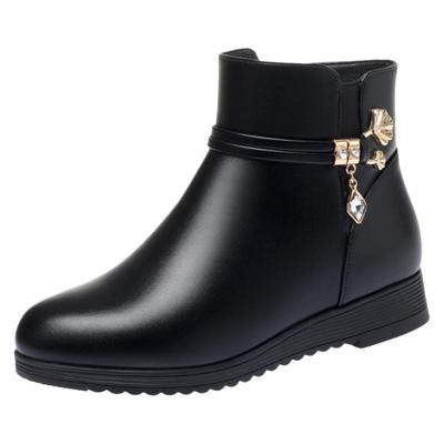 妈妈鞋棉鞋真皮平底中老年女短靴