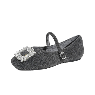 羊羔绒~内增高玛丽珍鞋2025网红爆款水钻方扣小个子加绒毛毛单鞋