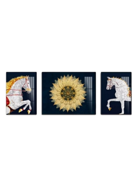 现代轻奢金色马匹太阳花三联画