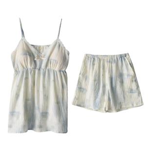 花边带胸垫免穿BRA睡衣女士夏季纯棉纱布薄款吊带短裤家居服套装