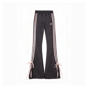 自然涩美式灰色条纹微喇卫裤女秋冬休闲喇叭小个子显瘦加绒长裤子