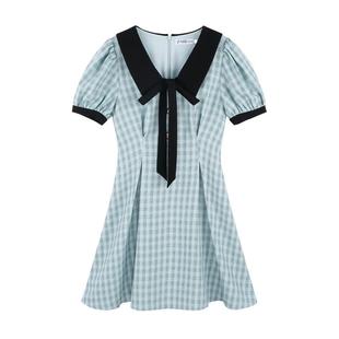 蓝色学院风娃娃领短袖格子连衣裙女夏季甜美设计感气质收腰a字裙