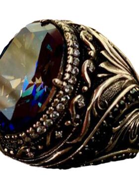 纯银复古托帕石水晶黑色锆石戒指