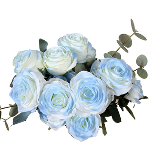 碎冰蓝10头玫瑰花假花仿真花束礼物搭配拍照道具手拿高品质绢布花