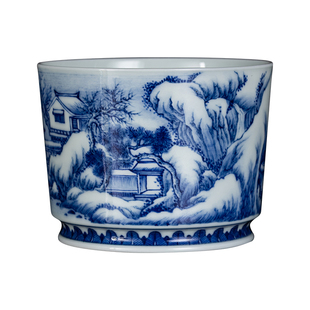 钟家窑陶瓷主人杯 景德镇釉下青花高温瓷手绘雪景山水楼台容天杯