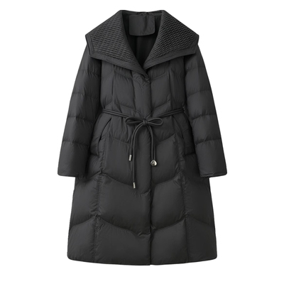 2025新款女装冬季修身收腰中长款羽绒服女黑色翻领海军领外套系带