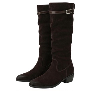 星期六长筒靴女2025新款秋冬加绒高筒靴粗跟长靴骑士靴中筒长靴子