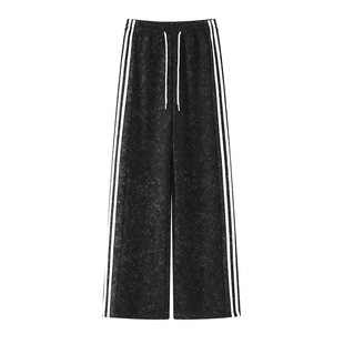 扎染两穿运动裤女2024秋季新款显瘦条纹阔腿裤宽松三条杠休闲卫裤