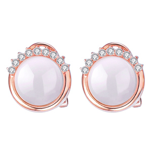 925银耳扣纯银镀金色18K玫瑰金耳拍人工猫眼石耳钉镶嵌白水晶耳环