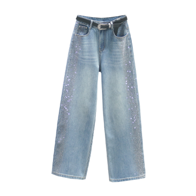 复古高腰直筒牛仔裤女烫钻阔腿裤