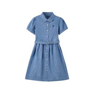 【100%棉】eland kids衣恋童装女童连衣裙夏季腰带牛仔裙衬衫裙