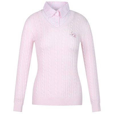 LK STORE LKOD2025条纹衬衣领LK字母毛衣v领假两件长袖针织女款