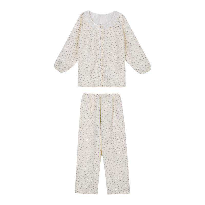 馨帮帮 秋冬新款蕾丝圆领碎花睡衣女套装加厚夹棉保暖家居服套装