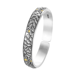 永兴银楼足银999银手镯女纯银錾刻牡丹花开口镯子镶24k金纯银手镯