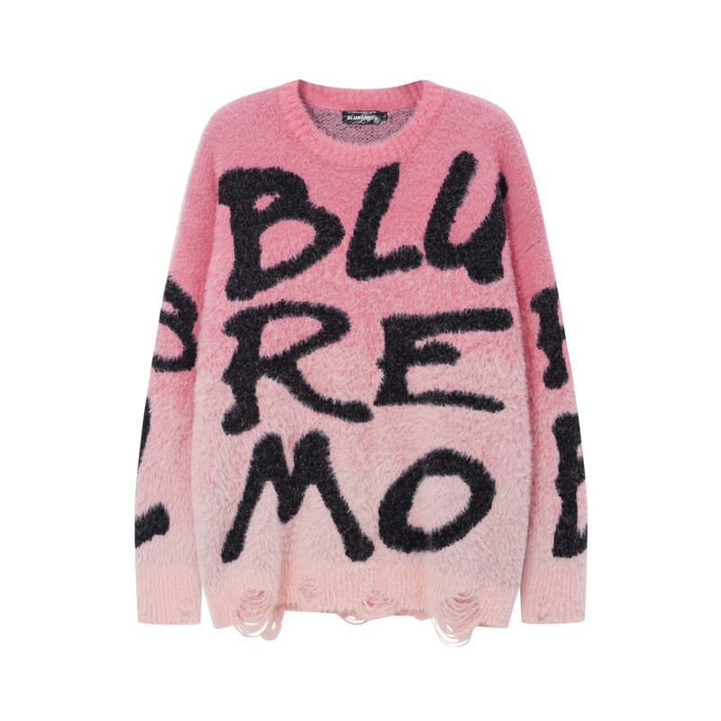 BLUREMO/模糊情绪冬季欧美重工渐变仿貂毛撞色字母百搭圆领毛衣潮
