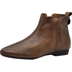 Artmu阿木原创复古尖头短靴女平底加绒2025新款单靴真皮棕色靴子