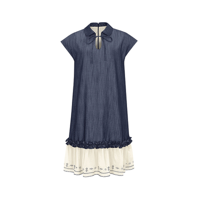 dorydory新中式刺绣拼接连衣裙女夏超好看独特漂亮设计感蓝色裙子