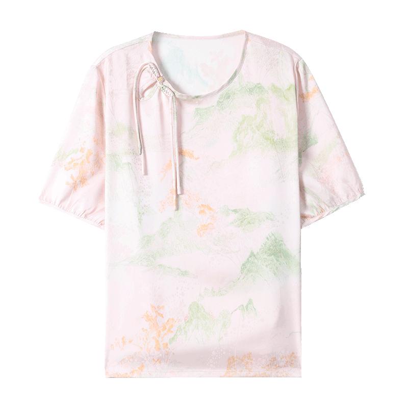 恒源祥夏季雪纺短袖T恤中年女装碎花薄款大码遮肉显瘦妈妈上衣潮