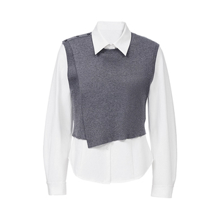 春装两件套女不规则针织马甲配衬衫小众设计感叠穿直筒小个子套装