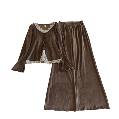 海岛绒睡衣女春秋冬款长袖带胸垫