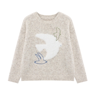 Basic House/百家好浅米色飞鸟刺绣毛衣女软糯质感宽松针织衫上衣
