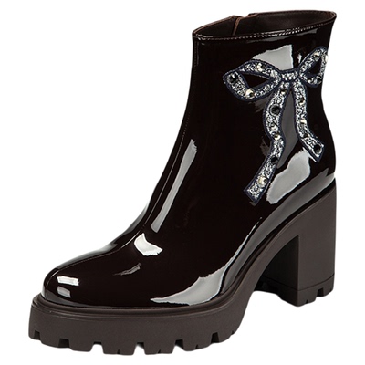 Hongkee/红科2025新款粗高跟女靴亮面时尚简约舒适小短靴H075M404