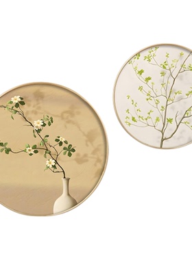 高级感清新绿植卧室床头圆形壁画
