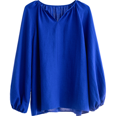 通勤风蓝色V领衬衫简约chic小衫女长袖宽松灯笼袖松弛感气质上衣