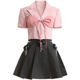 茬客甜酷减龄套装裙夏季粉色短款上衣灰色牛仔半身裙两件套女