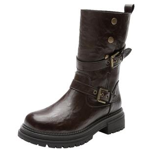 大东官方厚底短靴女2025新款黑色爆款靴子中筒靴增高西部靴骑士靴