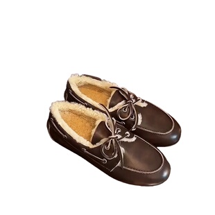 牛皮版~加绒乐福鞋女2025新款冬系带保暖毛毛鞋一脚蹬平底豆豆鞋