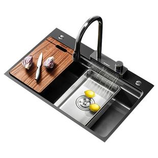 悍高厨房手工水槽黑钛纳米304不锈钢飘雨瀑布单槽台上台下盆套装