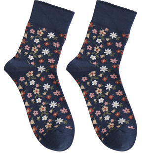 棉袜女款松口碎花女士短袜秋冬加厚袜子女无骨中筒袜日韩系袜子