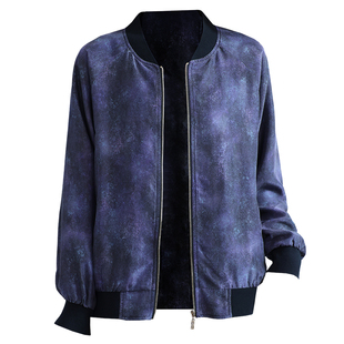 真丝短外套女2026春秋新正品牌印花棒球服电力纺桑蚕丝绸夹克开衫