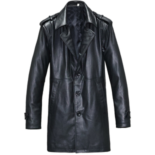 头层薄软牛皮真皮皮衣男女修身中长款青年翻领休闲商务风衣外套瓜