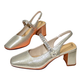 丹行道水钻一字带粗跟包头凉鞋女2026春新款魔术贴方头后空高跟鞋