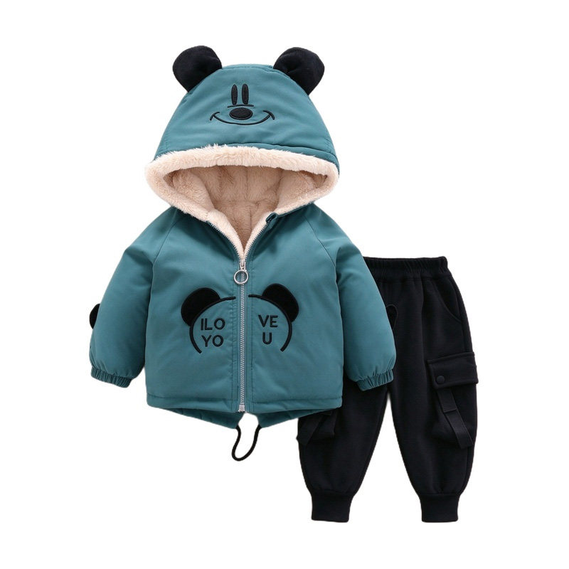 男童加绒连帽小熊棉服套装