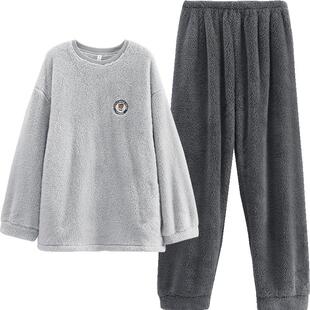 芬腾秋冬季珊瑚绒情侣睡衣女套头加厚保暖法兰绒大码男家居服套装