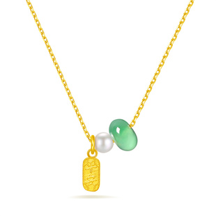 “平安多喜乐”天然翡翠A货缅甸滚珠24k金牌珍珠18k金项链锁骨链