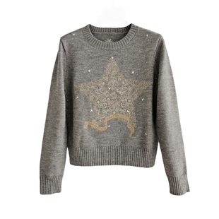 法式千金小香风刺绣五角星烫钻星星圆领针织衫女软糯名媛毛衣上衣