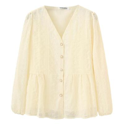 大码长袖衬衫女v领刺绣遮肚上衣