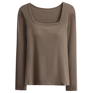 方领长袖带胸垫T恤女秋冬2025年新款内搭打底衫免穿文胸针织上衣