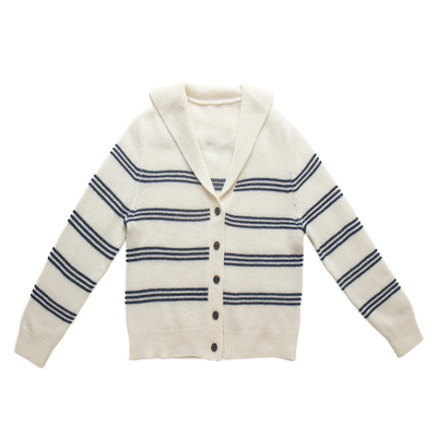 100%绵羊毛复古海军领V领减龄条纹针织开衫秋冬新款 加厚毛衣外套