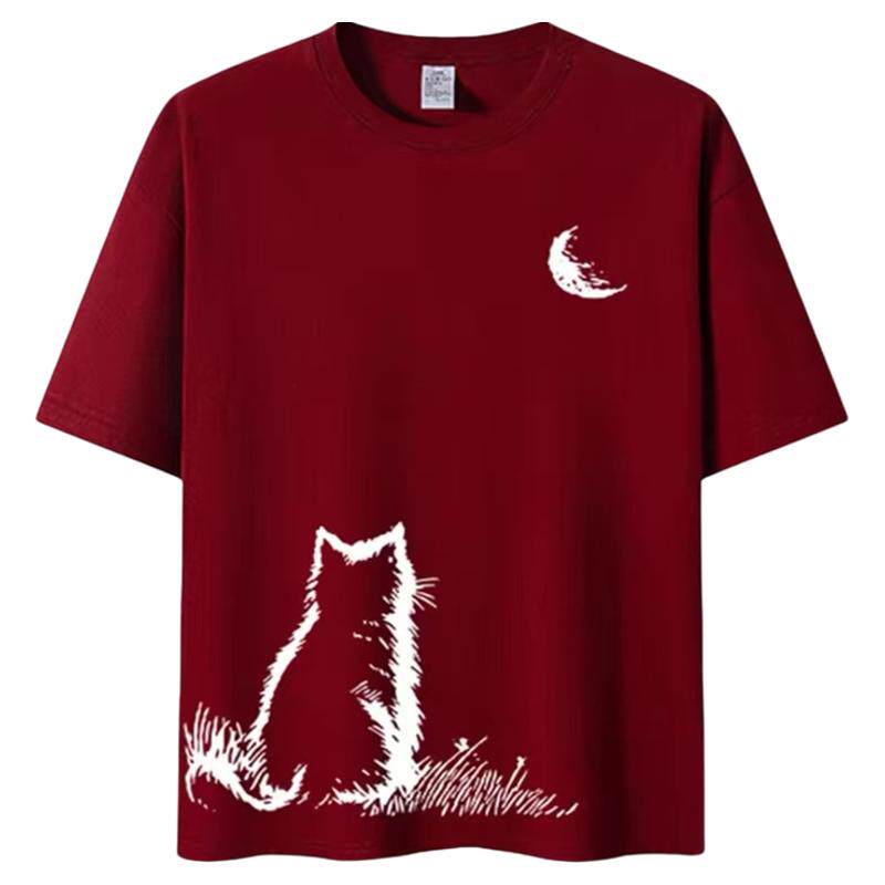【专柜】酒红色日系潮牌猫咪印花宽松休闲夏季纯棉短袖T恤情侣款