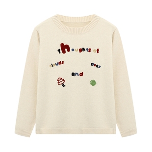 百家好撞色刺绣毛衣女秋冬2025新款灰色显瘦针织圆领宽松短款上衣