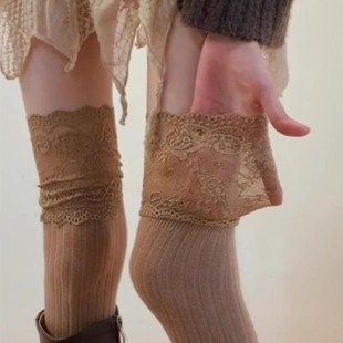 咖色蕾丝靴子袜子女春秋季 堆堆袜套配长筒靴袜套小腿套叠穿骑士靴