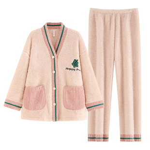 珊瑚绒睡衣女款秋冬季加厚加绒宽松甜美开衫高档家居服法兰绒套装